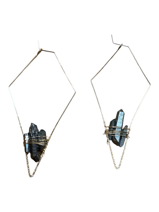 Whimsy_and_Rose Jewelry - Gold Tone Gray Crystal Cluster Geometric Hoop Earrings